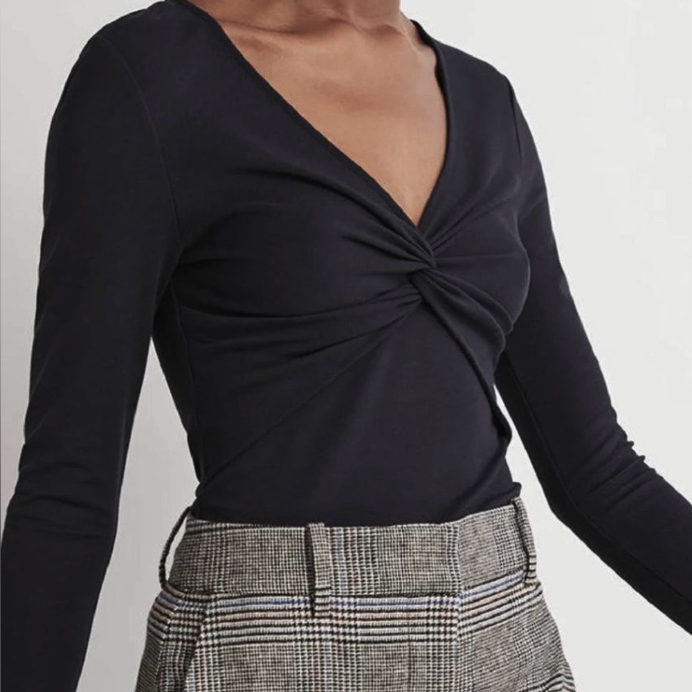 Boden Black Twist Front V-Neck Jersey Blouse Top Size 18 Ruched Stretch Knit
